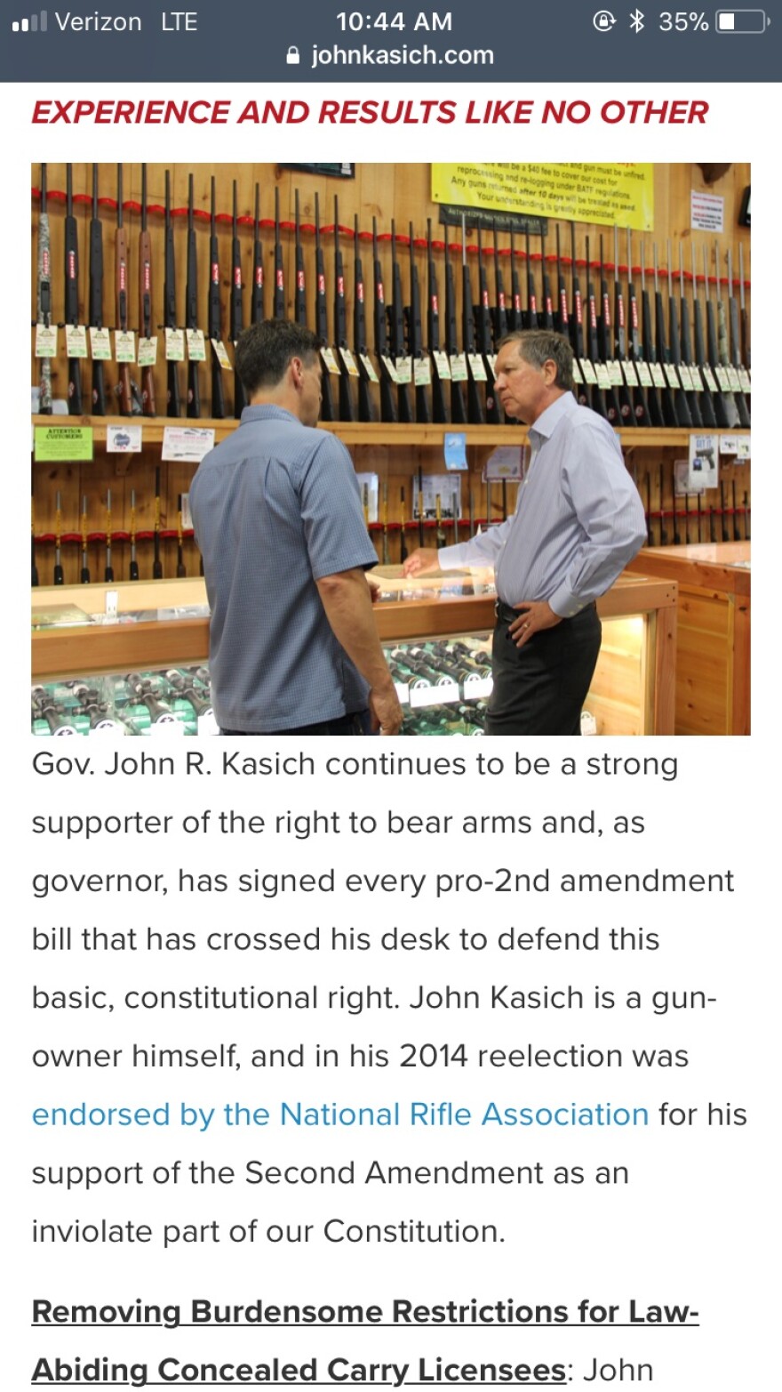 Screenshots of John Kasich's website before and after he changed the Second Amendment section of his campaign website.